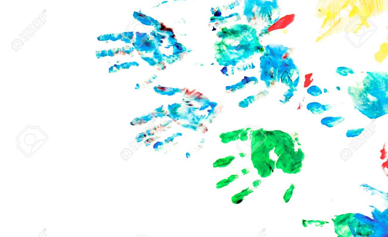 Children hand prints with toys on hand painting playground. On white - 6503622 Children hand prints with toys on hand painting playground. On white - 6503622