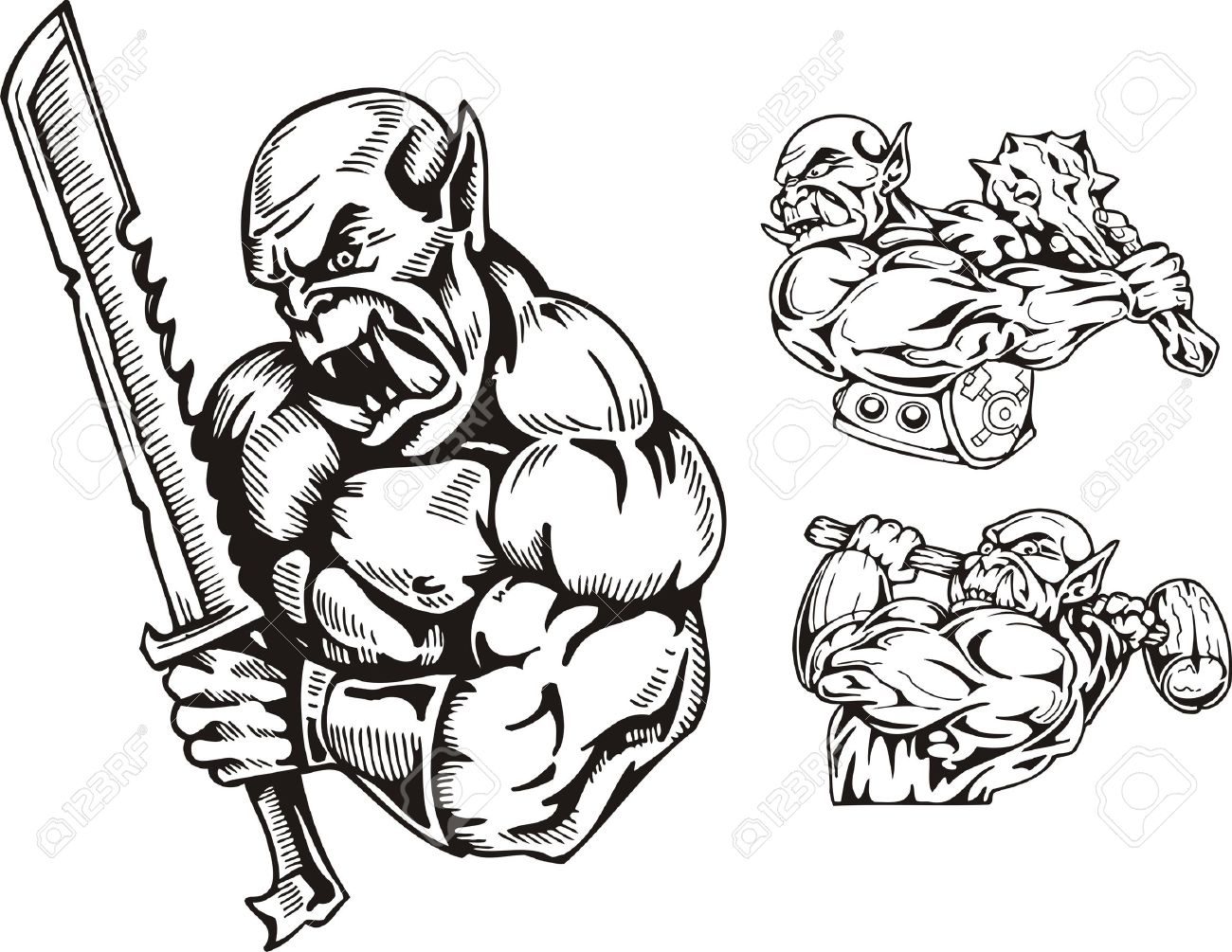 剣や棍棒とゴブリン ハンマーでゴブリンとゴブリン ゴブリン ビニールの切断の準備ができての図 のイラスト素材 ベクタ Image