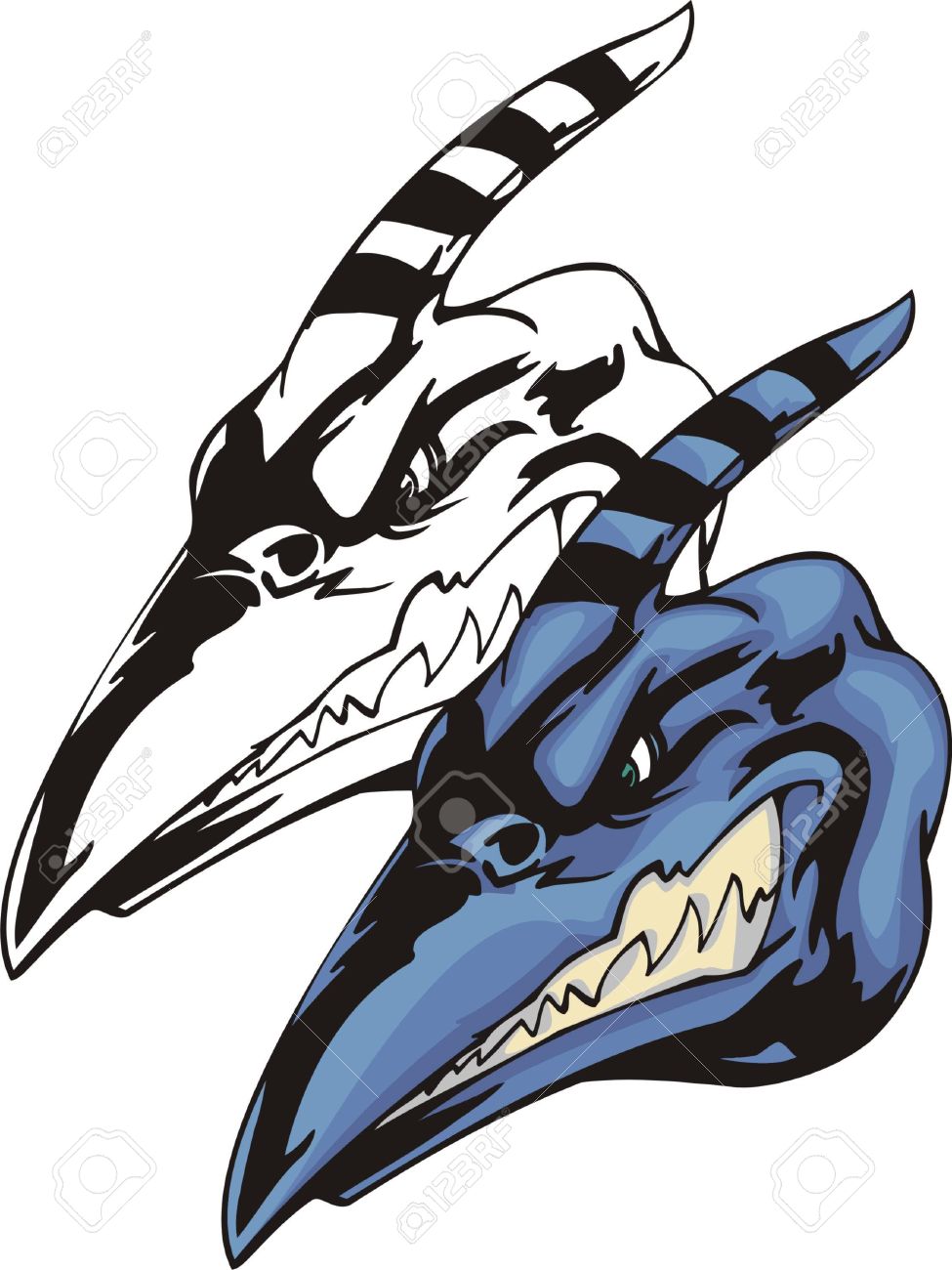 head of a dinosaur pterodactyl with a long beak and striped horn