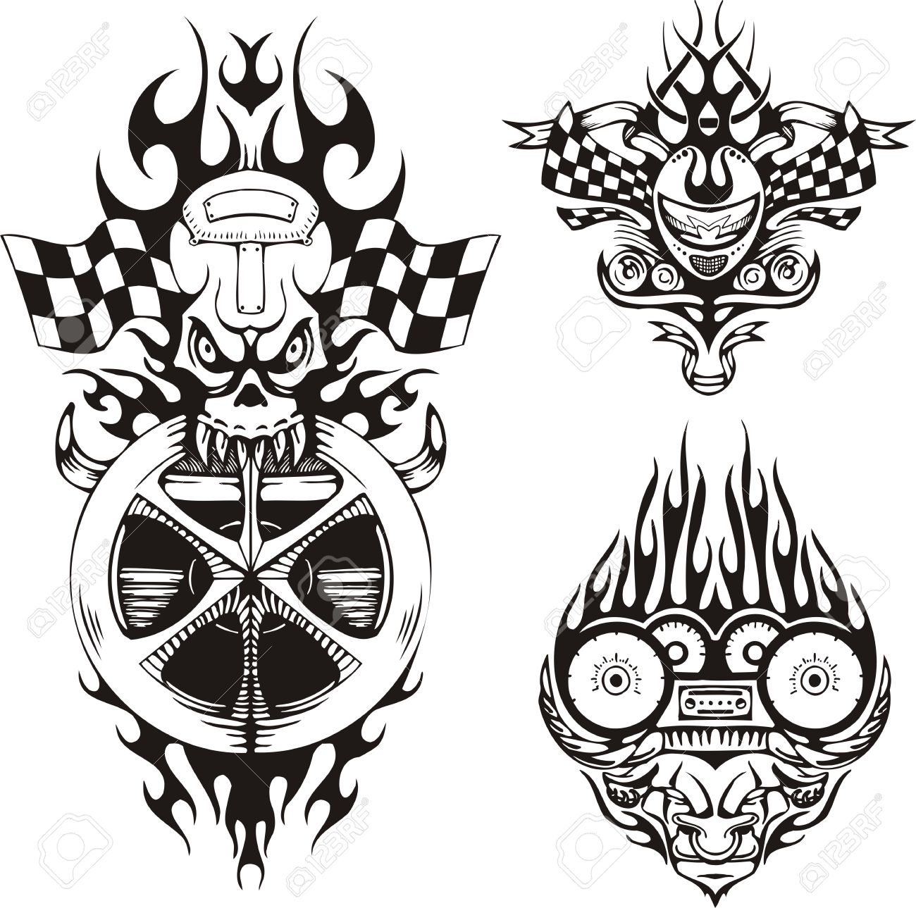 skull with flags and a horned demon racing compositions vector