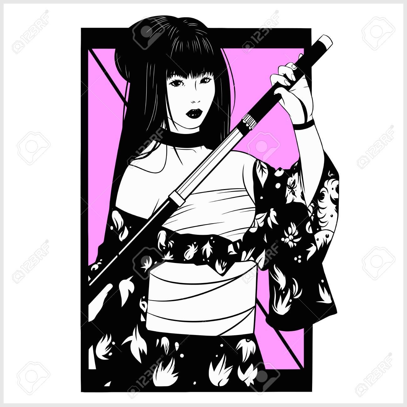 Vektör - beautiful japanese geisha woman and traditional katana sword black...