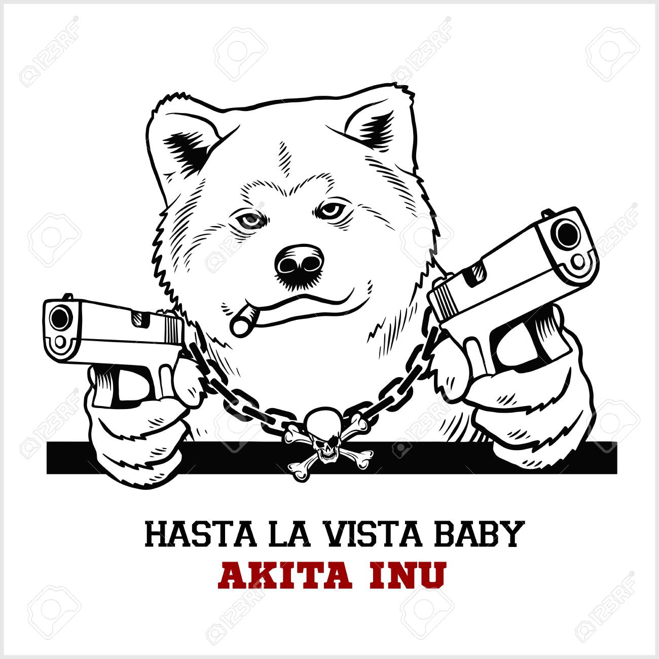 2本のピストルと葉巻を持った秋田犬犬-秋田犬ギャング。怒った秋田犬の頭のイラスト素材・ベクター Image 146968227