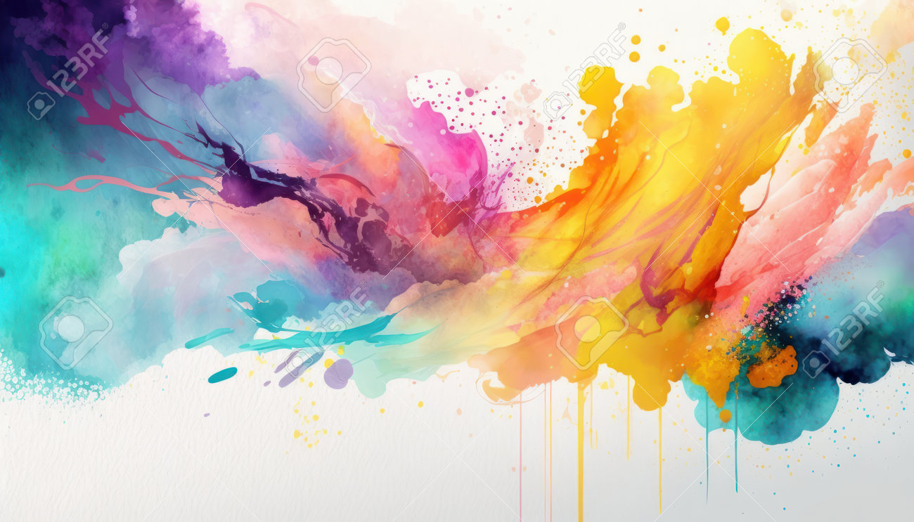 鮮やかな色と絵の具の飛沫を持つ抽象的な水彩の背景。テクスチャは流動