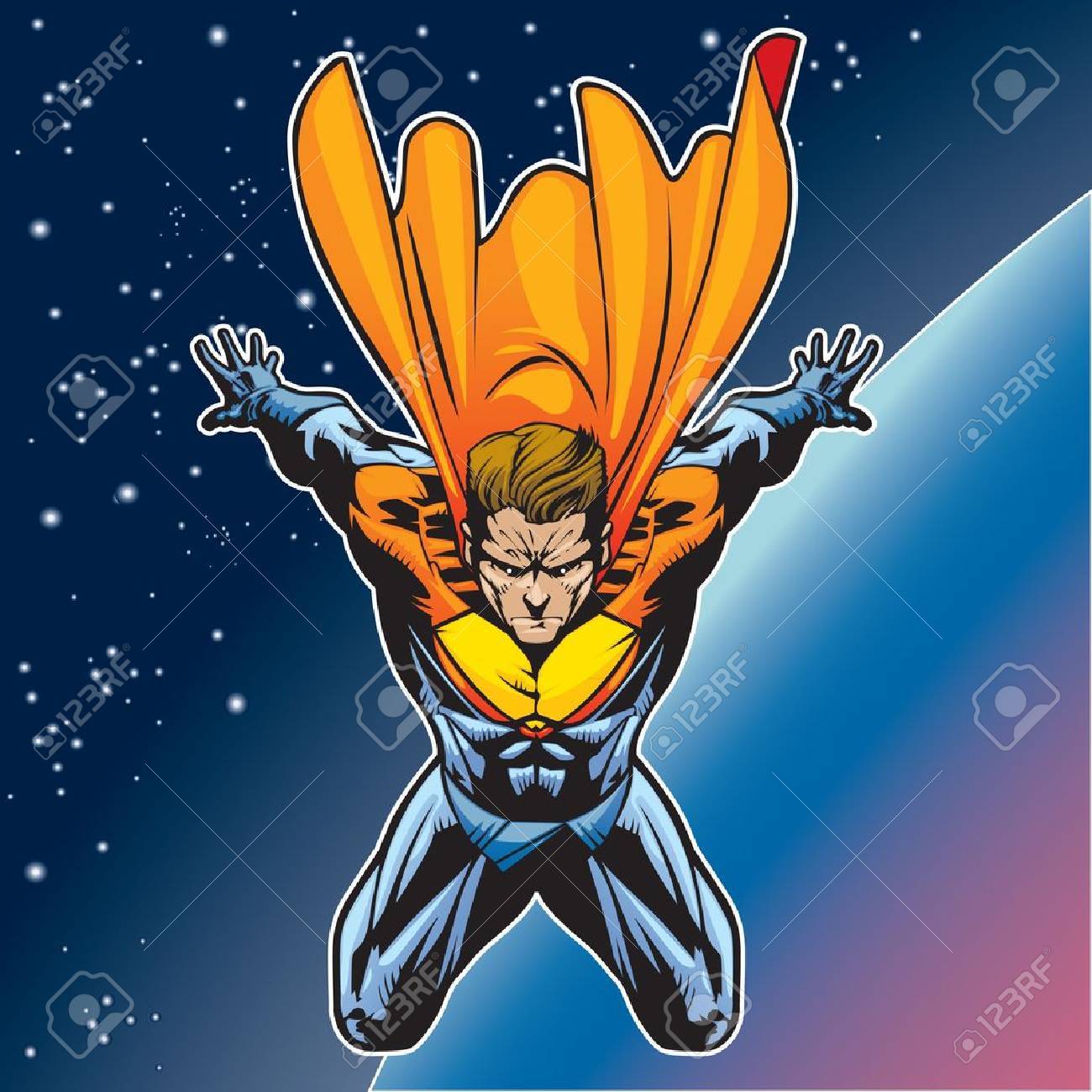 一般的なスーパー ヒーロー フィギュア 地球上空を飛んでいます のイラスト素材 ベクタ Image