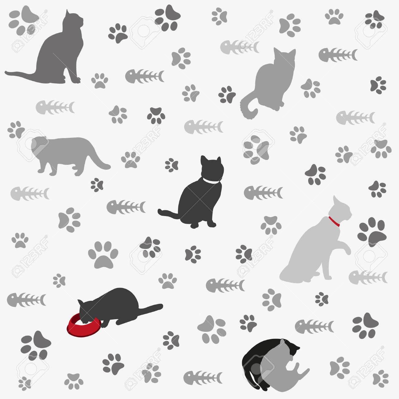 猫の足印刷と魚骨と背景 のイラスト素材 ベクタ Image