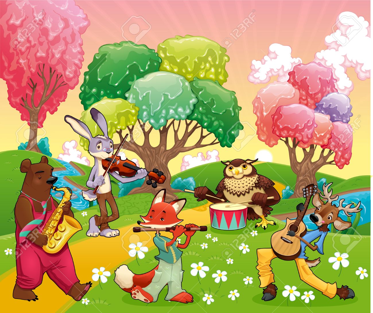Animales Músico En Un Paisaje De Fantasía. Dibujos Animados E ...