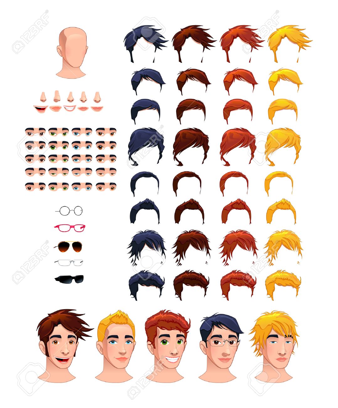 fashion male avatars 8 hairstyles and 5 eyes in different colors