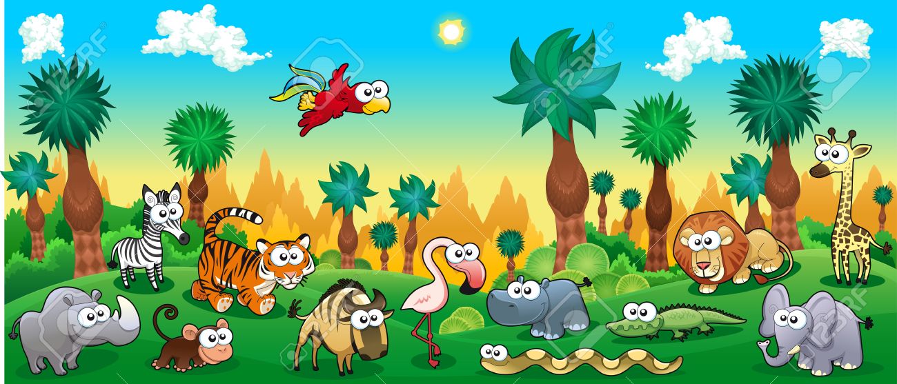 Green forest with funny wild animals. Vector cartoon illustration. - 33770484 Green forest with funny wild animals. Vector cartoon illustration. - 33770484