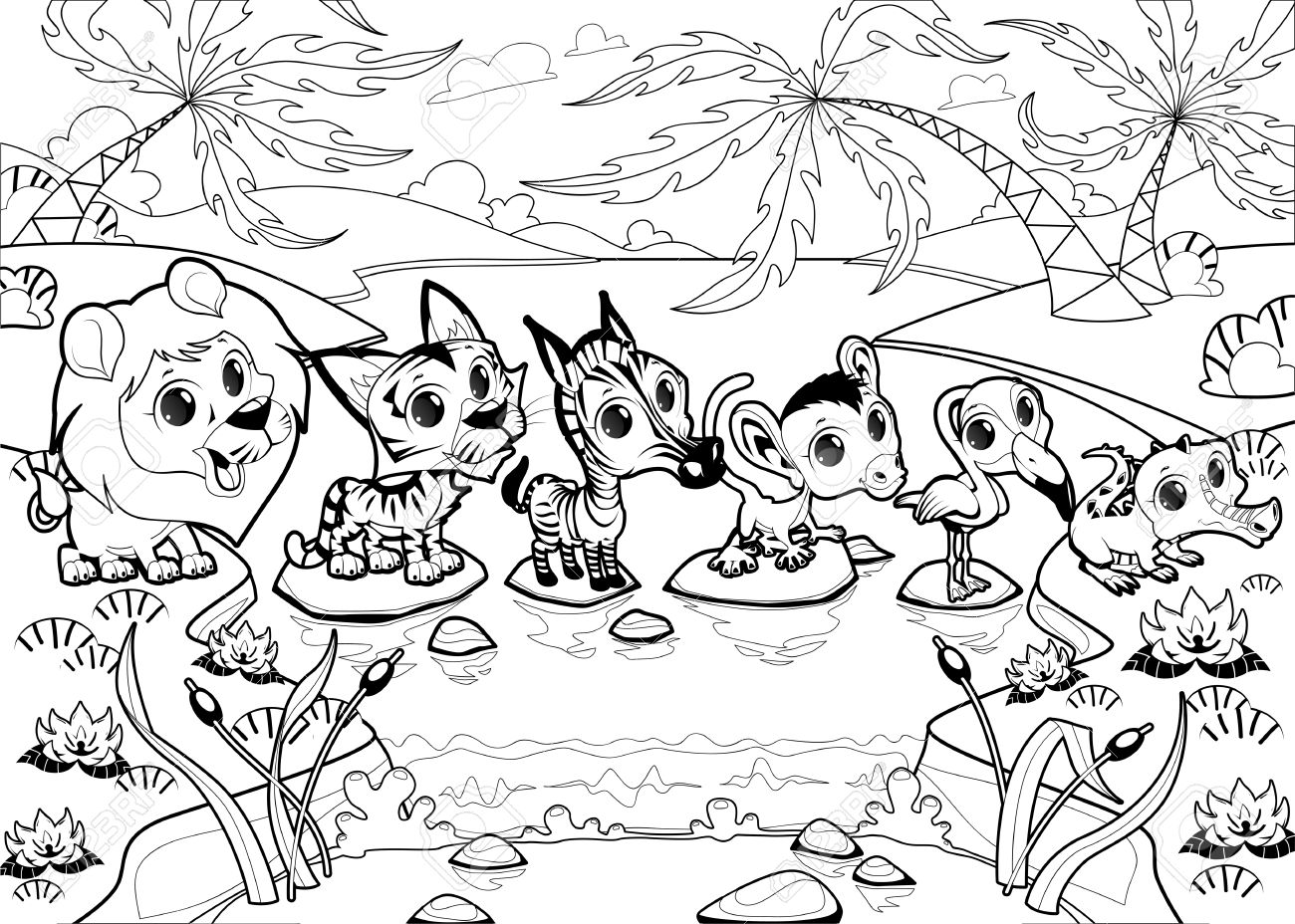 Funny Animals In The Jungle Cartoon Vector Black And White