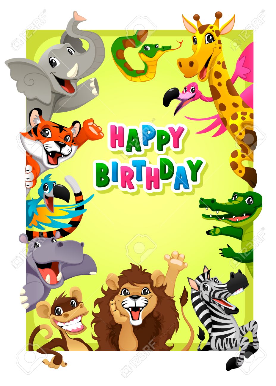 ジャングルの動物と誕生日カード サイズの縦横比のフレームを持つ漫画ベクトル イラスト のイラスト素材 ベクタ Image