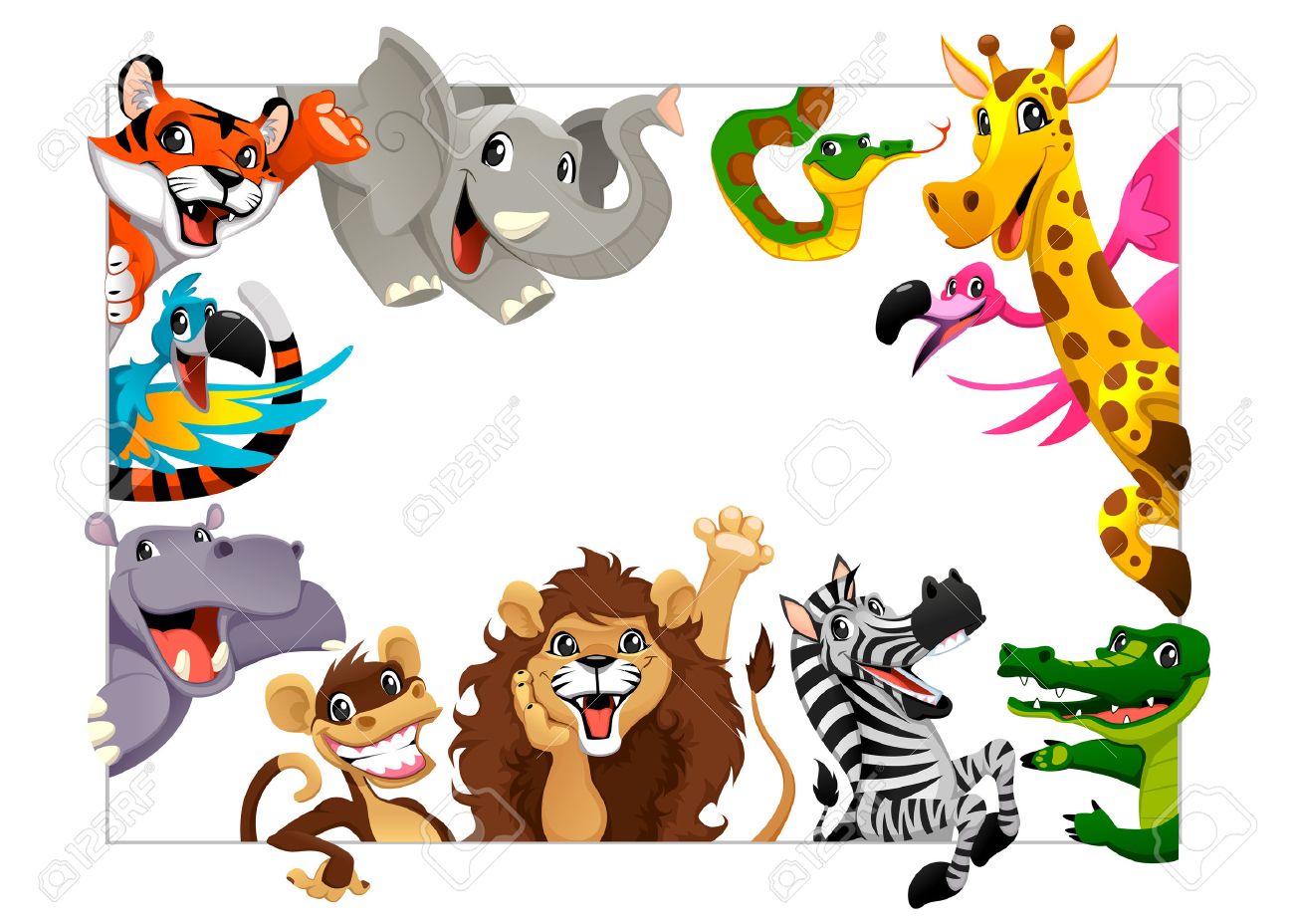 Funny group of Jungle animals. Cartoon vector illustration with frame in A4 size, for birthdays and events. - 37038115 Funny group of Jungle animals. Cartoon vector illustration with frame in A4 size, for birthdays and events. - 37038115