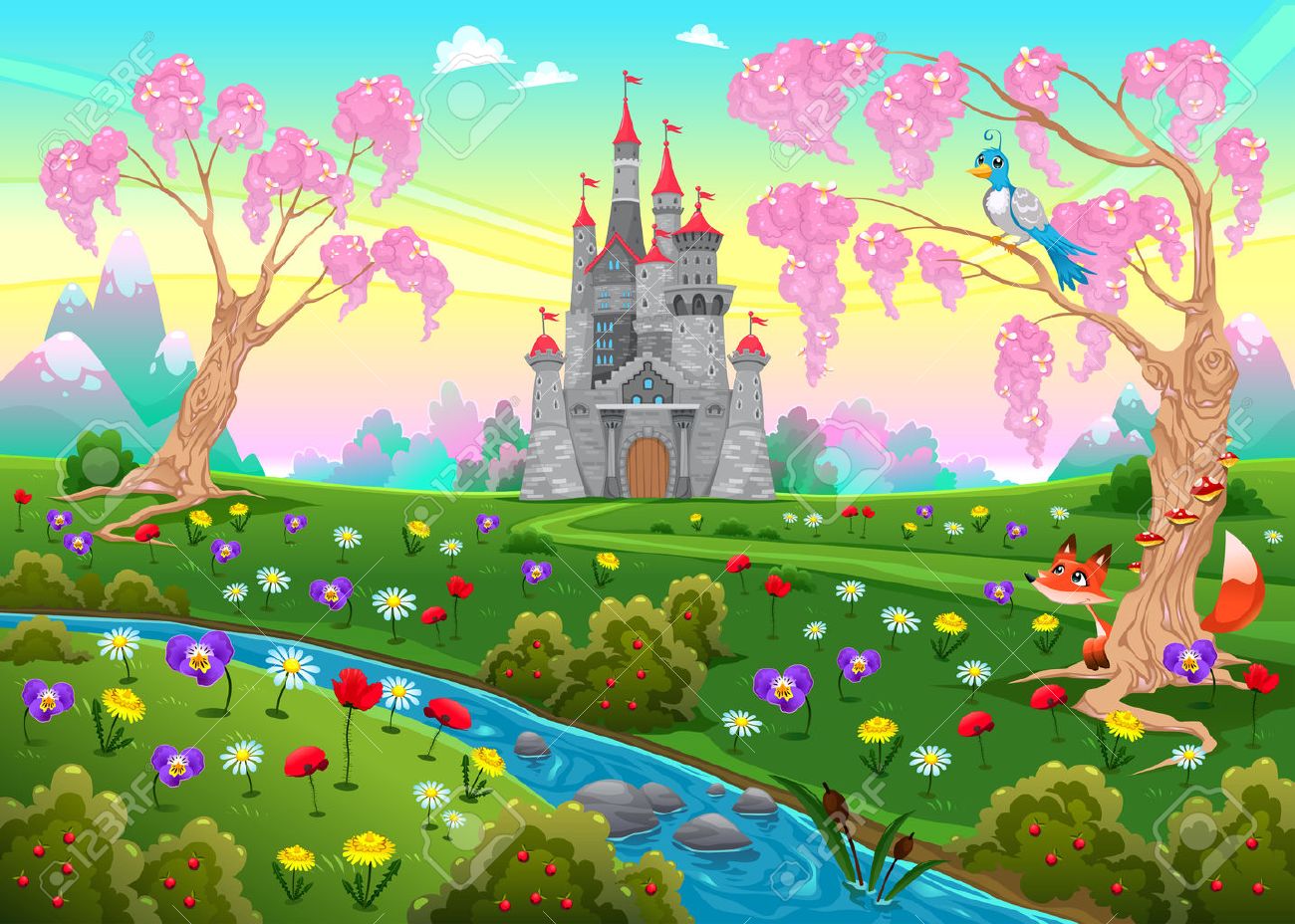 Paisaje De Cuento De Hadas Con Castillo. Ilustración Vectorial De ...