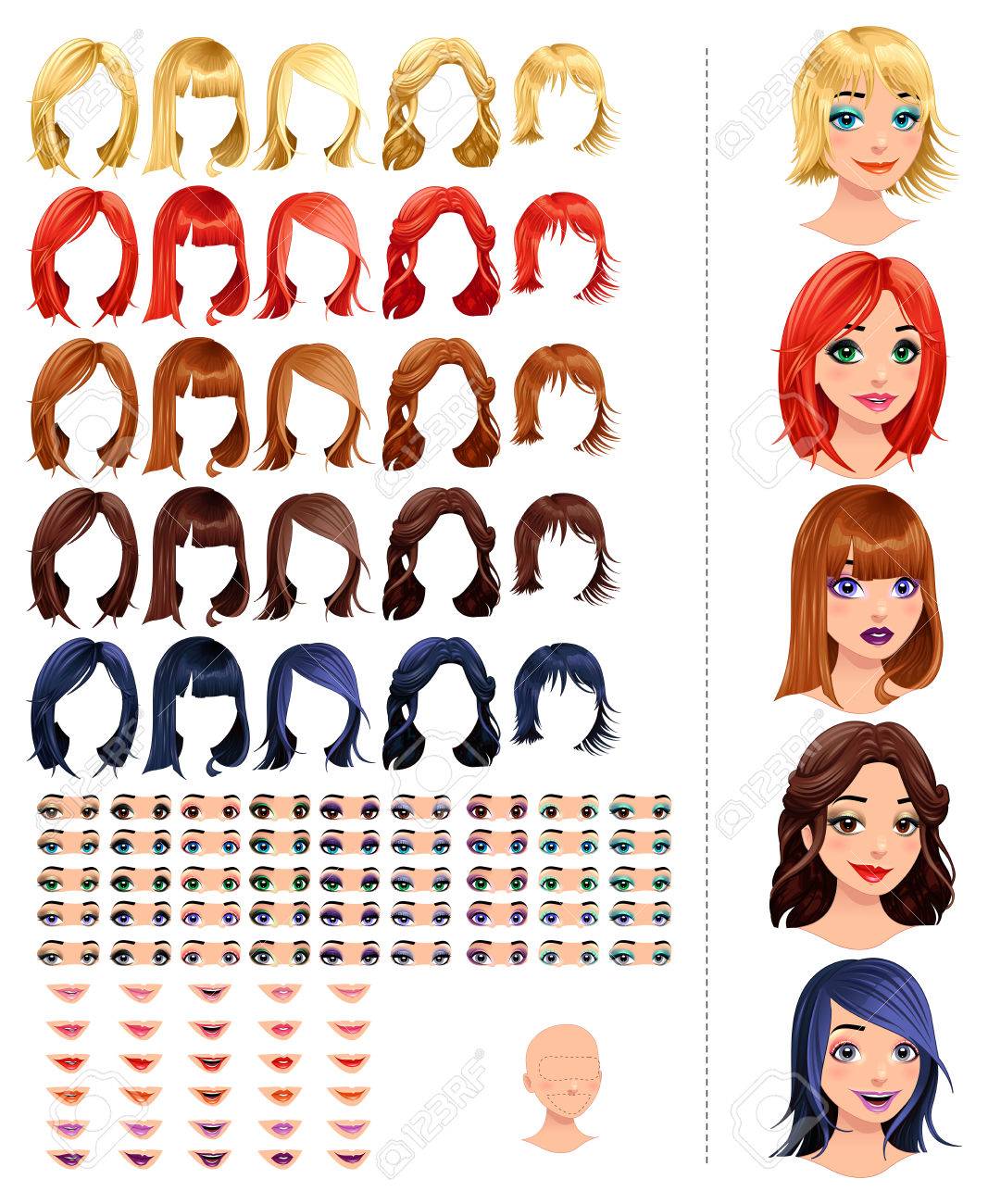 Fashion female avatars. 25 hairstyles, 45 eyes, 30 mouths, 1 head, for multiple combinations. In this image, some previews. - 49600835 Fashion female avatars. 25 hairstyles, 45 eyes, 30 mouths, 1 head, for multiple combinations. In this image, some previews. - 49600835