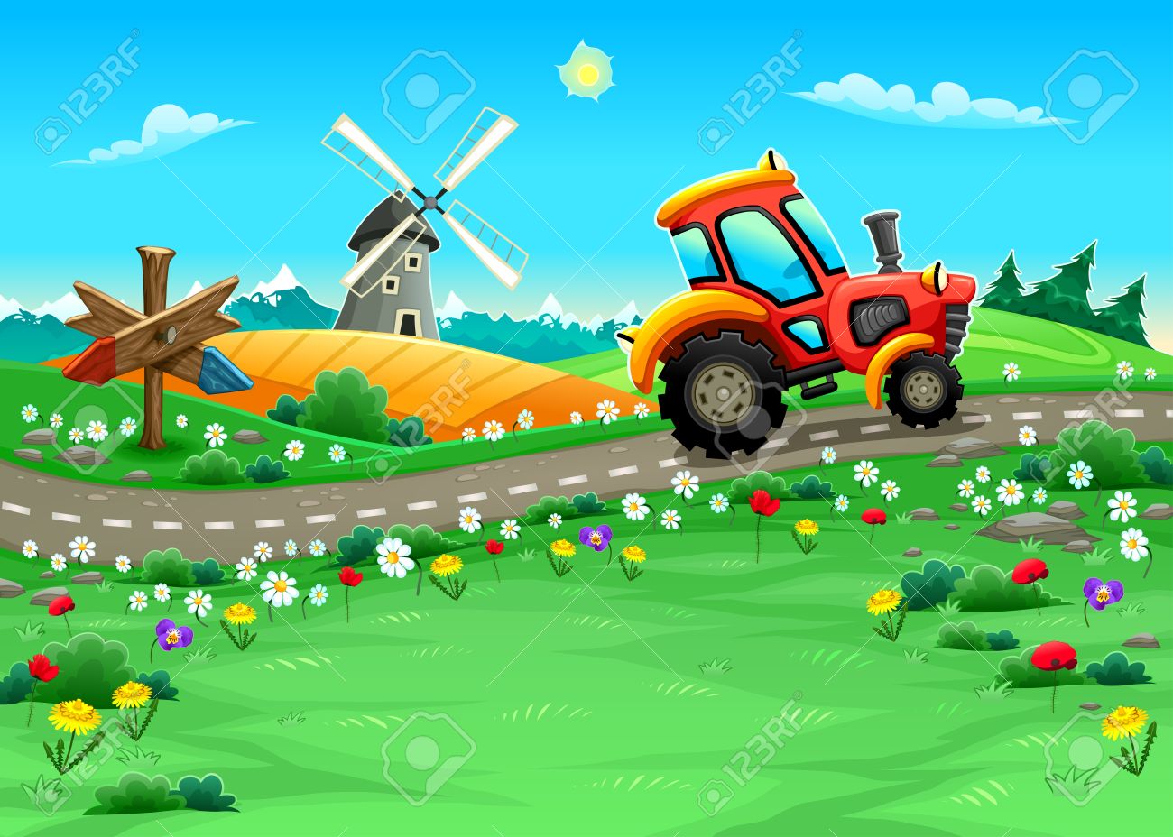 Paysage Drole Avec Tracteur Sur La Route Vecteur Cartoon Illustration Clip Art Libres De Droits Vecteurs Et Illustration Image