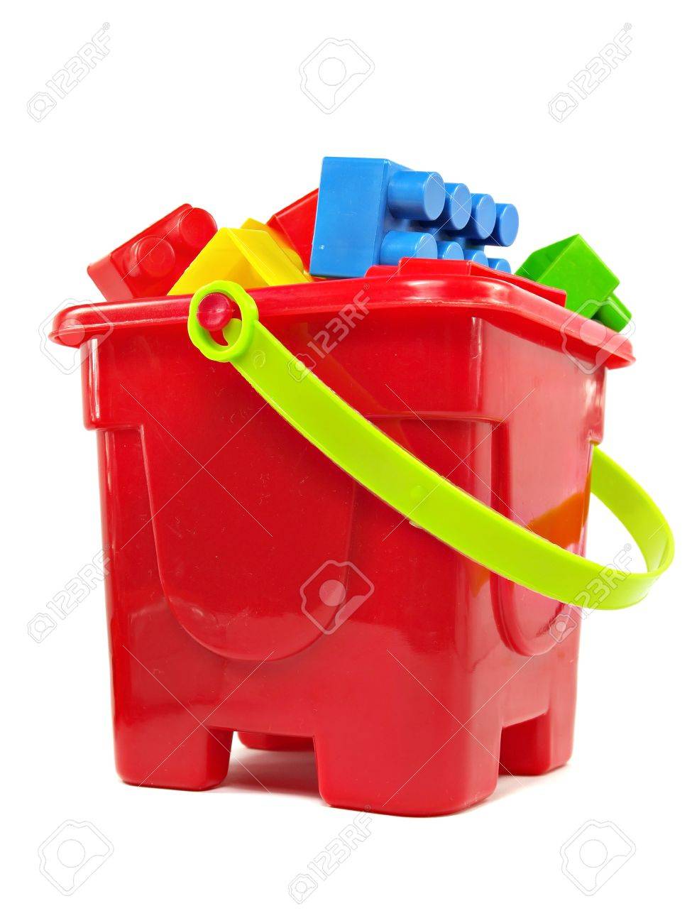 Uncategorized Toy Pail plastic building blocks in red toy pail on a white background stock photo 15554481