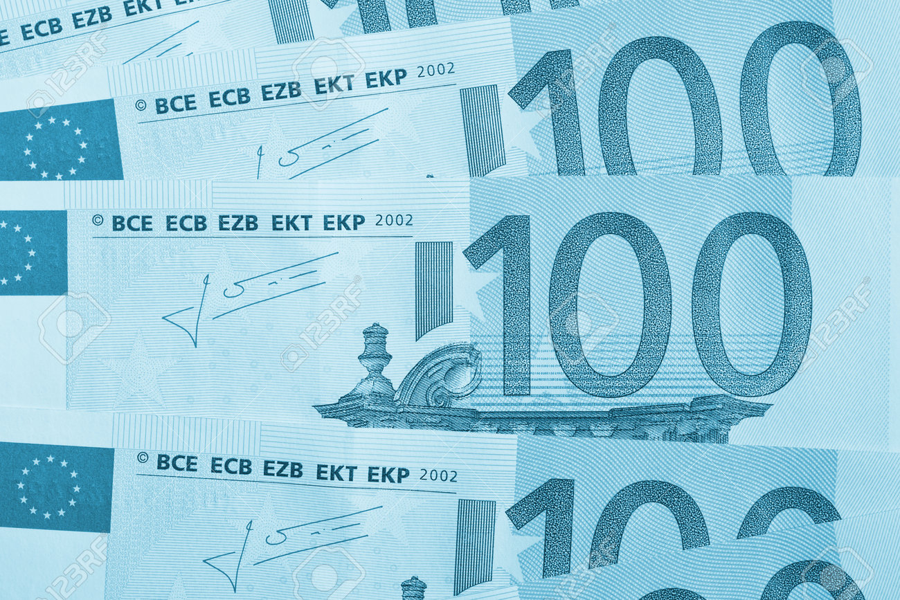 Banknote Of 100 Euro Close-up. Light Blue Tinted Background About Economy  And Finance Of European Union. News Money Wallpaper About Euro. Eurozone  Currency And ECB. Bank In Europe. Macro Stock Photo, Picture, image size:1300x867