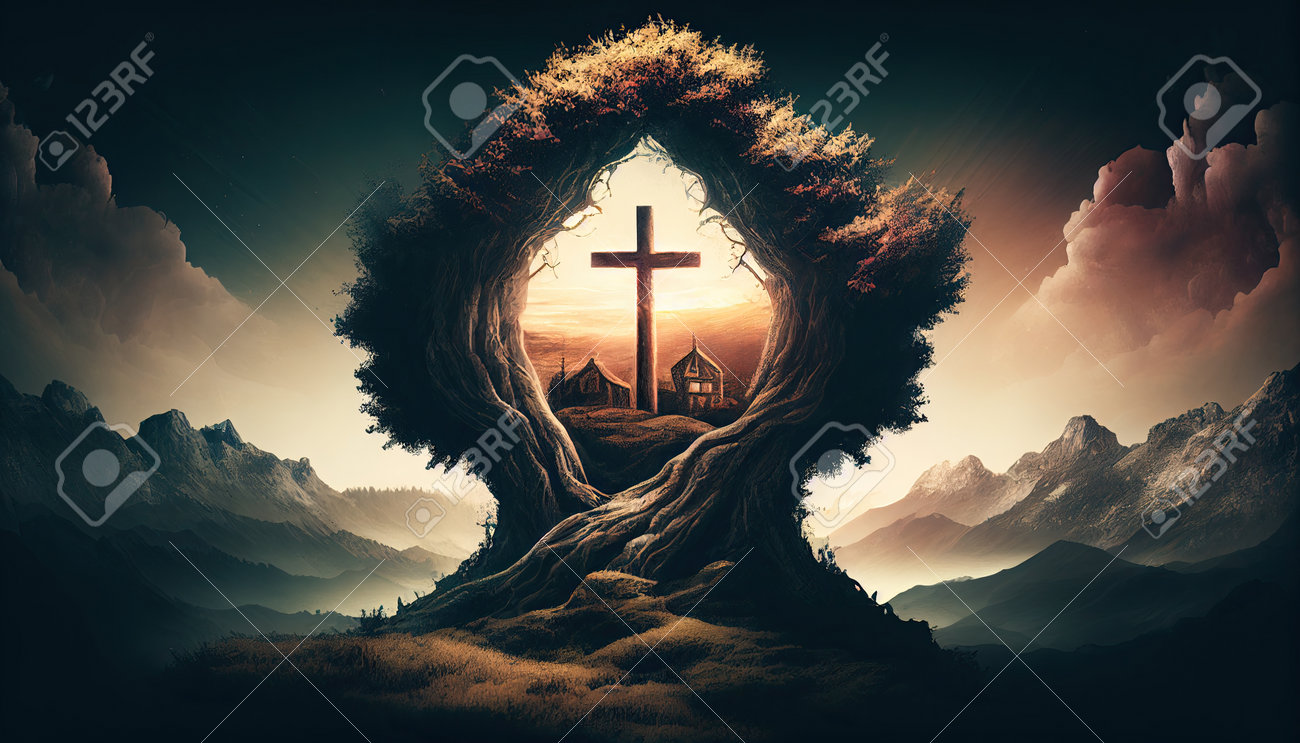 Religion Landscape Background, Christian Cross On Nature Backdrop,  Generative Ai. Stock Photo, Picture and Royalty Free Image. Image 201287750., image size:1300x743