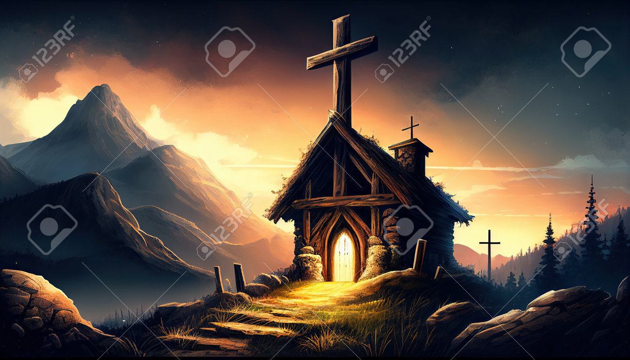 Religion Landscape Background, Christian Cross On Nature Backdrop,  Generative Ai. Stock Photo, Picture and Royalty Free Image. Image 201287996., image size:1300x743