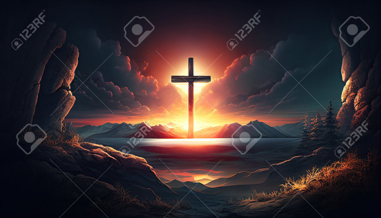 Religion Landscape Background, Christian Cross On Nature Backdrop,  Generative Ai. Stock Photo, Picture and Royalty Free Image. Image 201287912., image size:1300x743