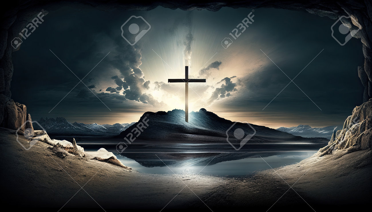 Religion Landscape Background, Christian Cross On Nature Backdrop,  Generative Ai. Stock Photo, Picture and Royalty Free Image. Image 201288414., image size:1300x743