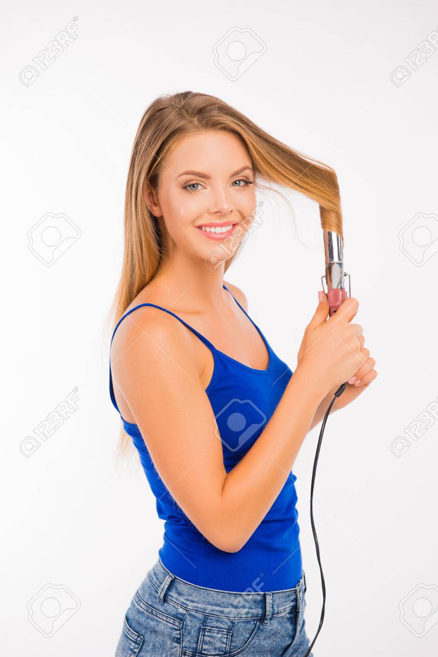 Happy Pretty Girl Twisting Her Hair Stock Photo Picture And