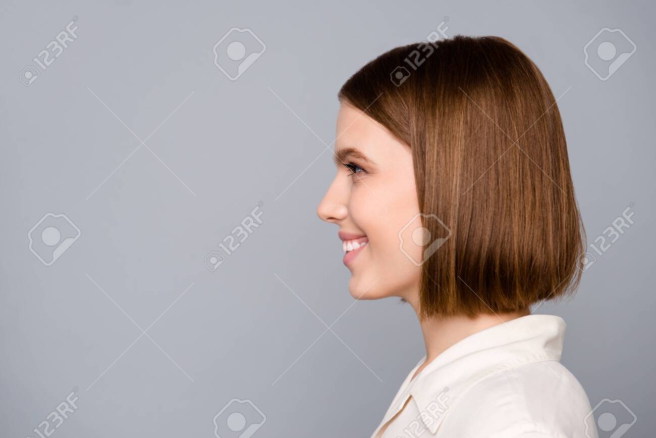 Close up side profile photo beautiful amazing she her lady look interested curious listen empty space colleagues gathering wondered learn news wear casual white shirt isolated grey background - 129622182 Close up side profile photo beautiful amazing she her lady look interested curious listen empty space colleagues gathering wondered learn news wear casual white shirt isolated grey background - 129622182