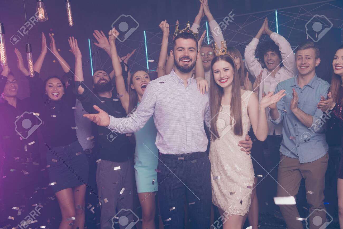 Portrait Of Cheerful Fellows Standing Dance Floor Disco Scream