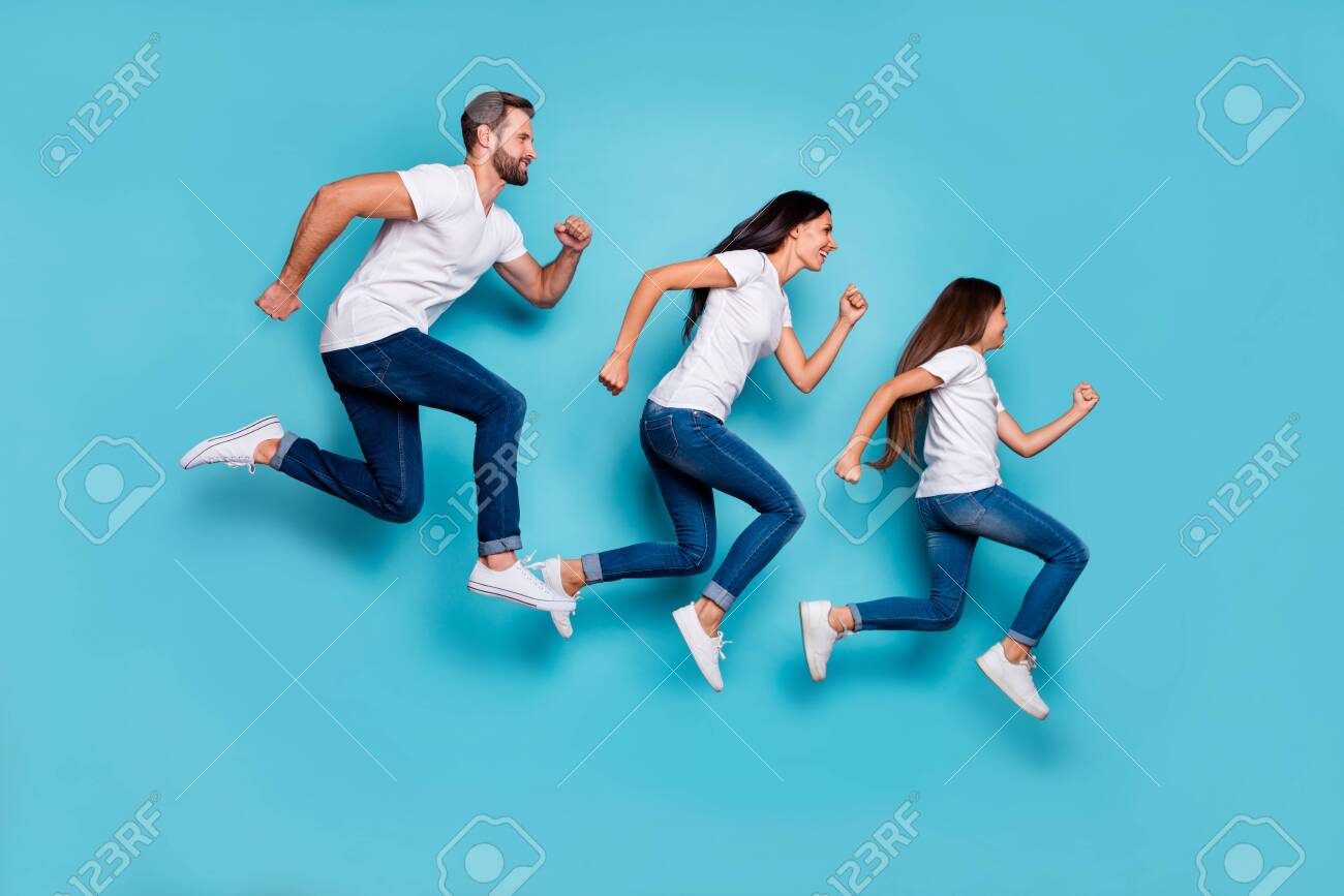 Full length body size photo of running sporty family being healthy and beautiful while isolated with blue background - 130022130 Full length body size photo of running sporty family being healthy and beautiful while isolated with blue background - 130022130