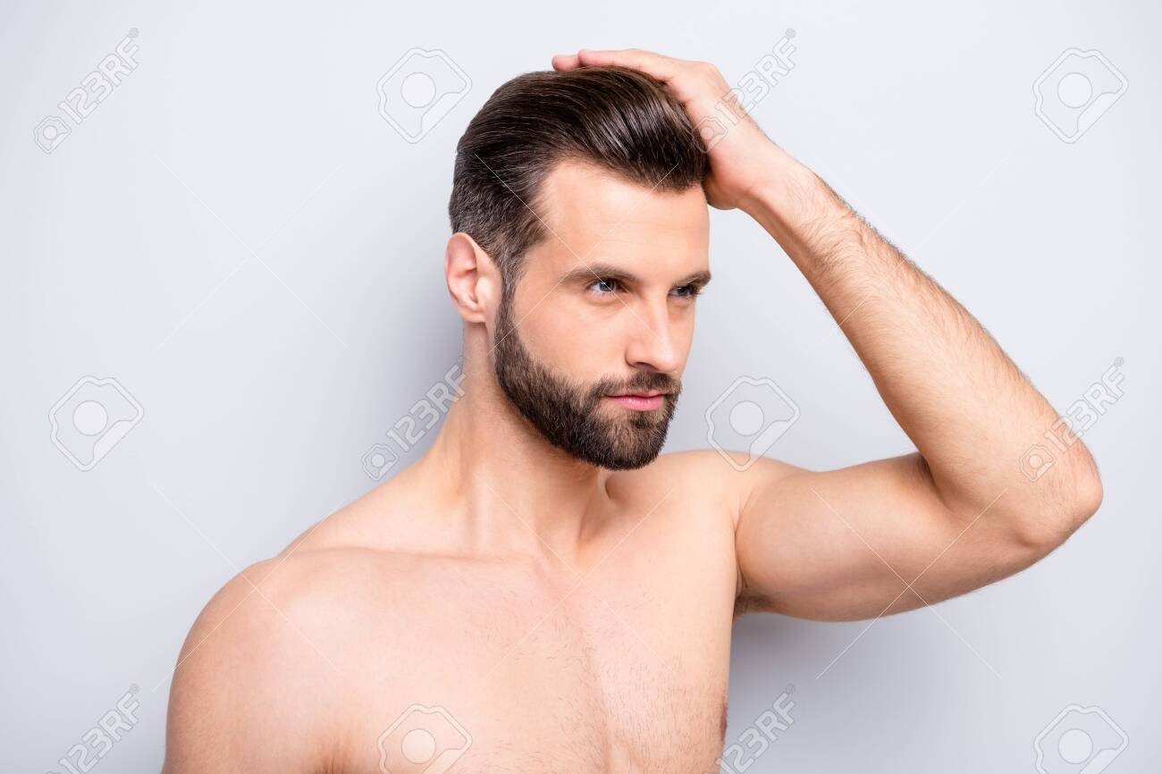 Closeup Photo Of Macho Man Guy Hold Hand Touch Perfect Neat Hairstyle Look  Mirror Empty Space Naked Torso Hot Body Groomed Face Isolated Grey  Background Stock Photo, Picture and Royalty Free Image.