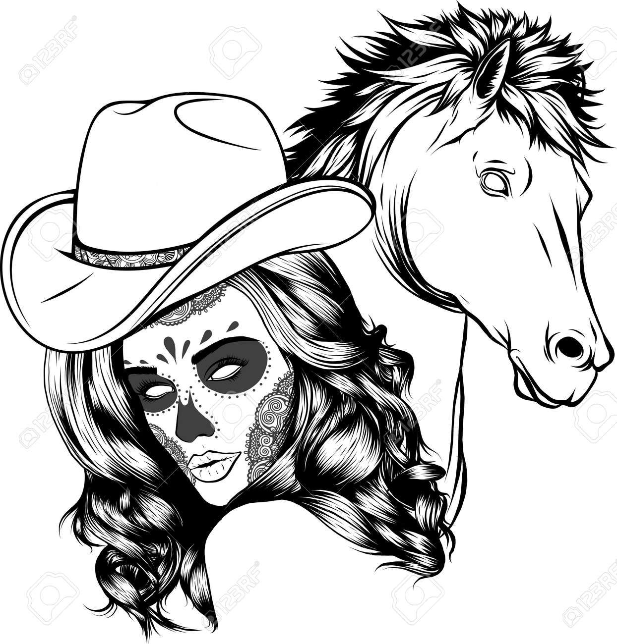Draw In Black And White Of Girl Dressed As A Cowboy With Horse Royalty Free  SVG, Cliparts, Vectors, and Stock Illustration. Image 166002056., image size:1244x1300