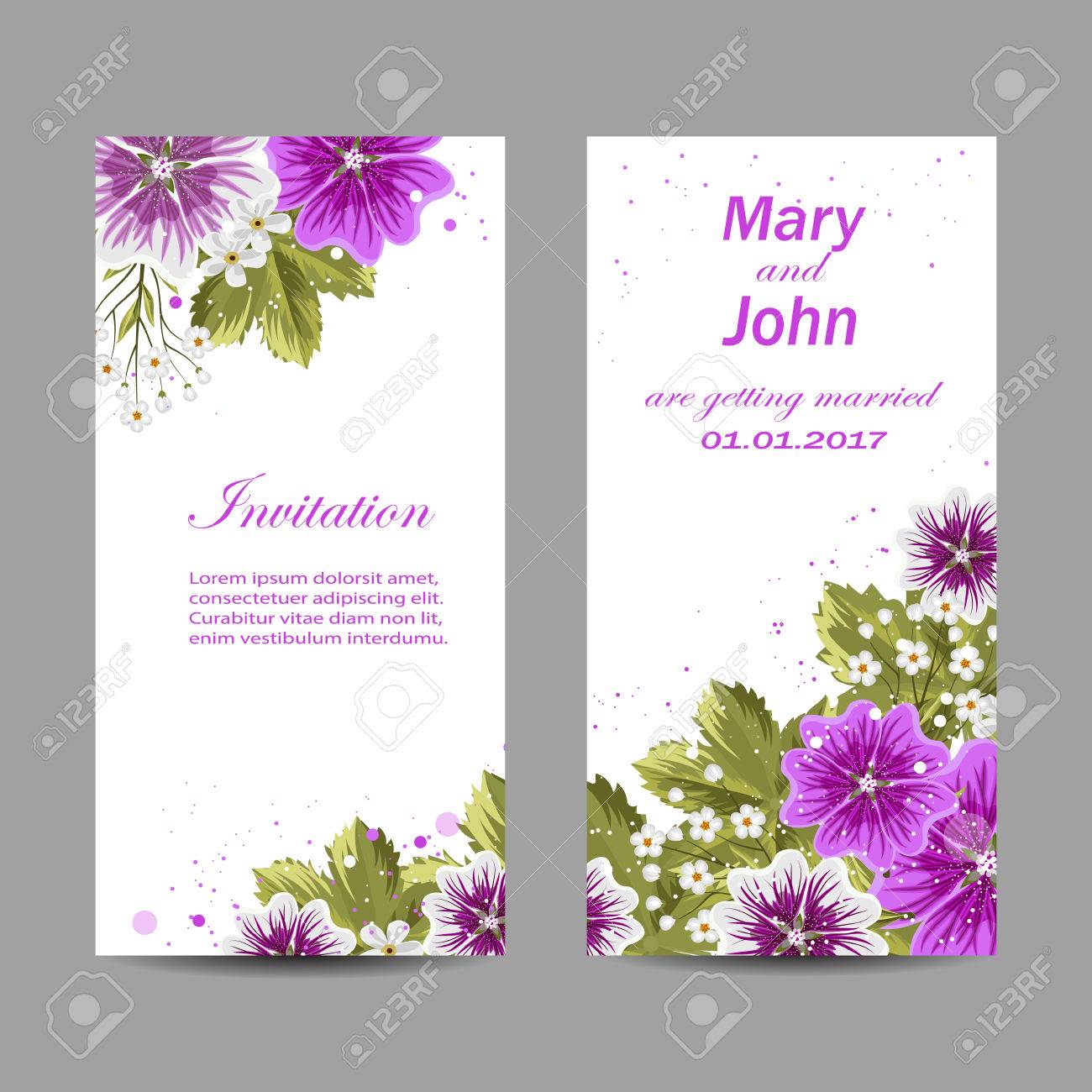 Set Of Wedding Invitation Cards Design. Beautiful Purple Flowers On White  Background. Vector Illustration. Royalty Free SVG, Cliparts, Vectors, And  Stock Illustration. Image 59415480.