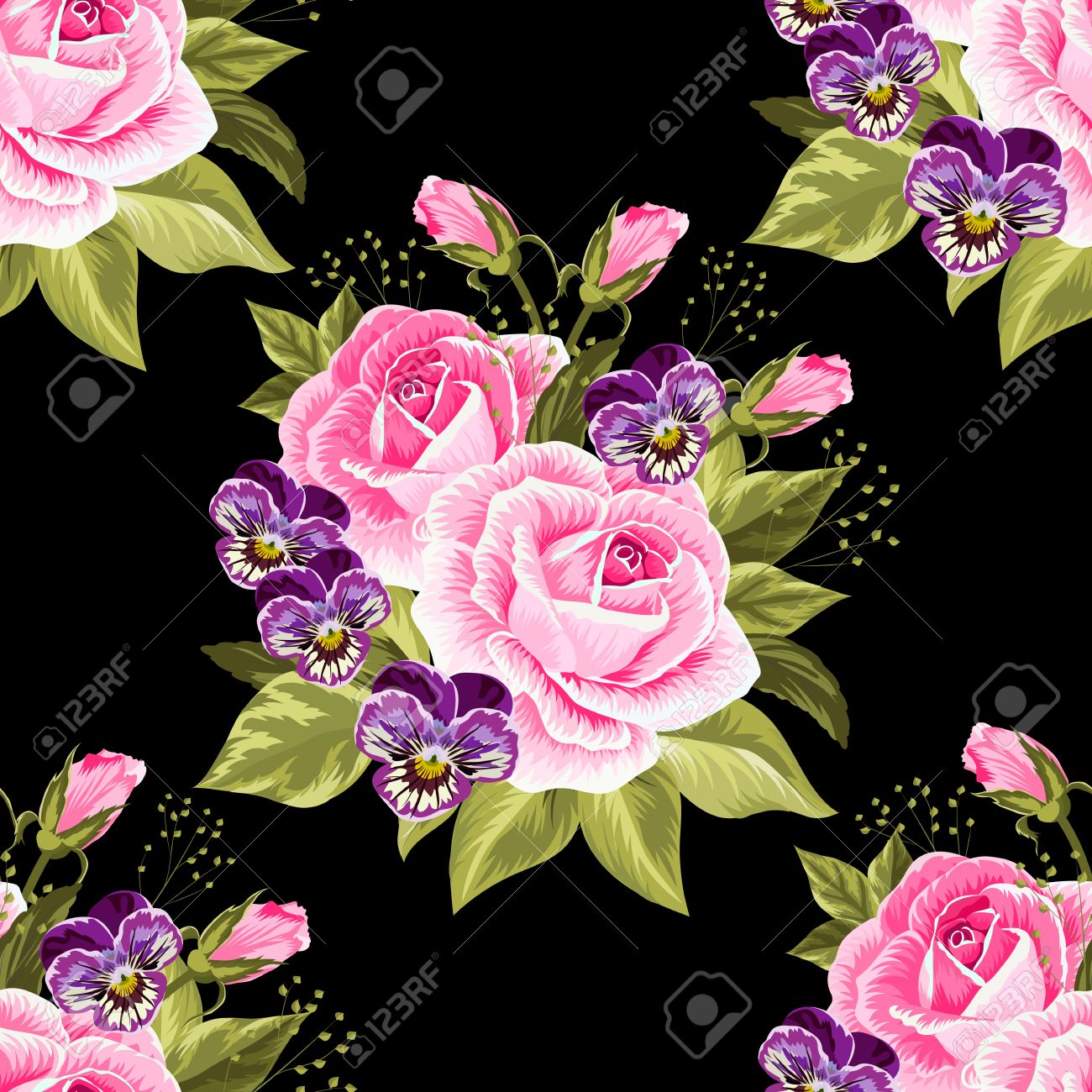 ピンクのバラと黒の背景に紫のパンジー シームレス花柄 のイラスト素材 ベクタ Image