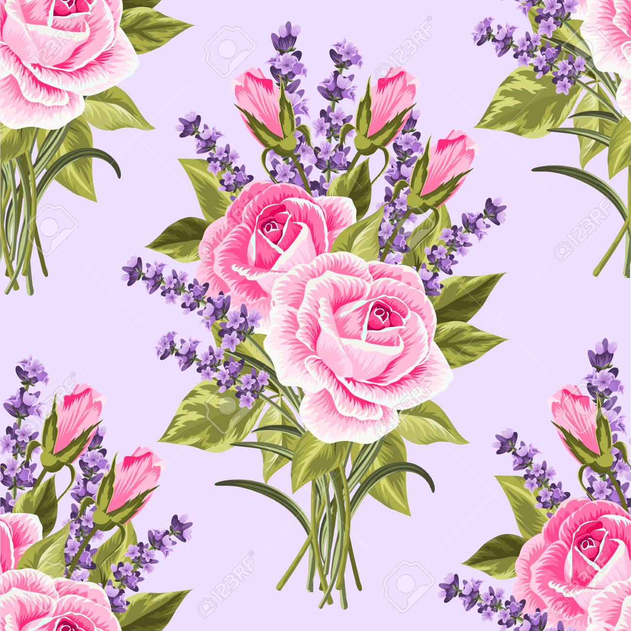 ピンクのバラとラベンダーの薄紫色の背景とのシームレスな花柄 のイラスト素材 ベクタ Image