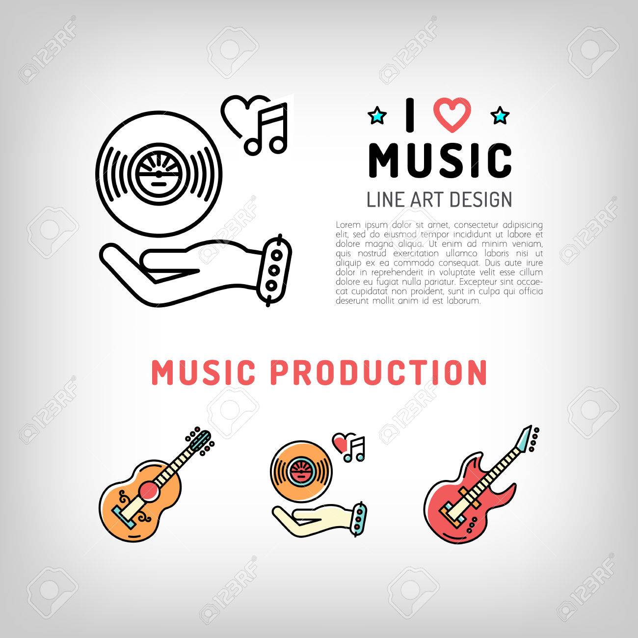 音楽制作 生産 ビニール レコード ギター 音楽のための愛の概念の記号 音楽スタジオとショップのバナーやポスター カード テンプレート モダンアート細い線スタイルのベクトルのイラスト素材 ベクタ Image