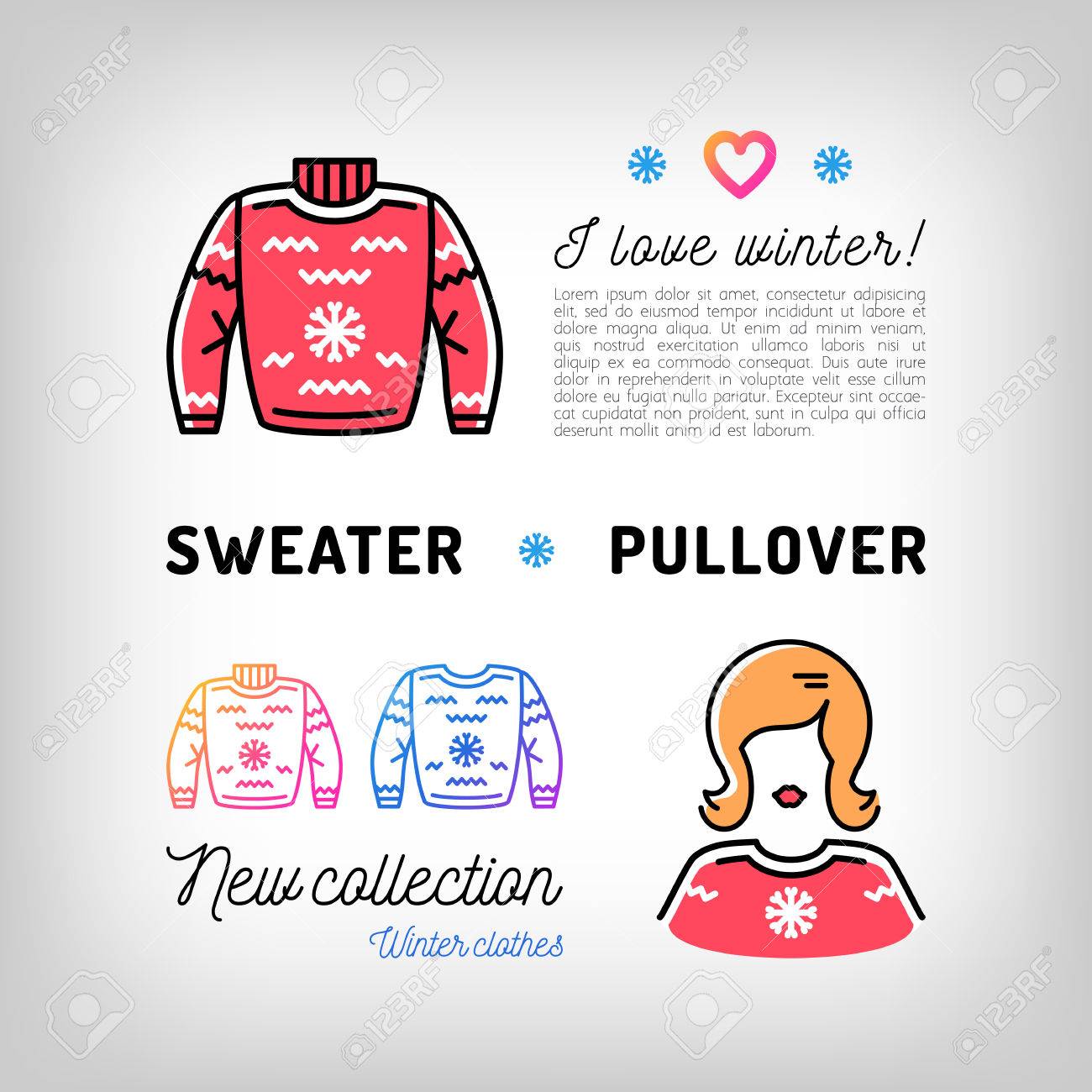 Winter Pullover Dunne Linie Symbole Weihnachten Pullover Jumper Wintersportkleidung Sportbekleidung Trendy Banner Flyer Fur Ein Sportgeschaft Werbung Sweatshirts Vektor Illustration Isoliert Symbole Lizenzfrei Nutzbare Vektorgrafiken Clip