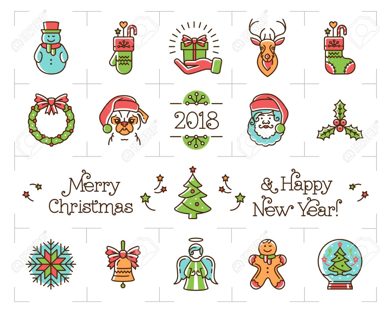 クリスマスラインアイコンセット 休日のシンボル 新年のアイコン 犬の中国の干支年18年 ベクトルフラットイラスト のイラスト素材 ベクタ Image