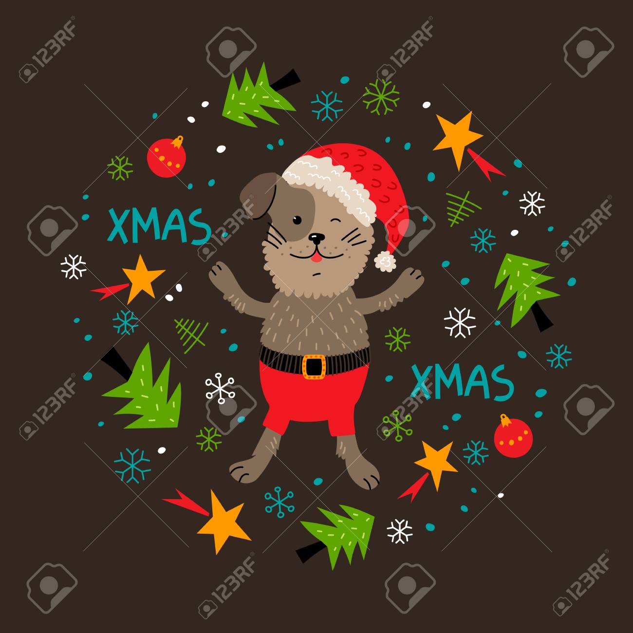 Chien De Noël Carte De Voeux Unique Style Dessiné à La Main Chiot De Noël Animal Chien De Noël Mignon Dessin Animé Drôle Flocons De Neige