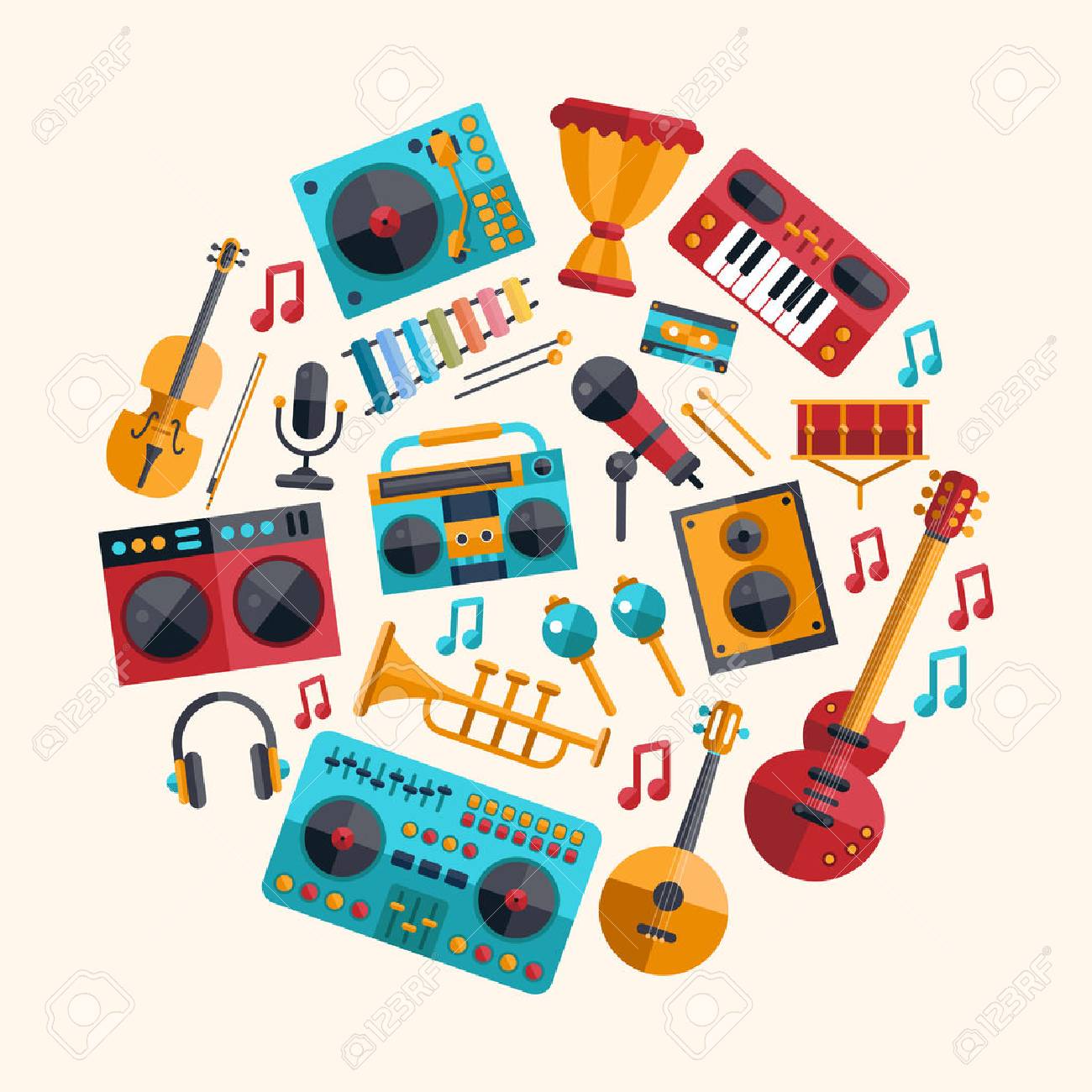 ベクター近代的なフラットなデザインの楽器と音楽ツール アイコンのセットのイラスト素材 ベクタ Image