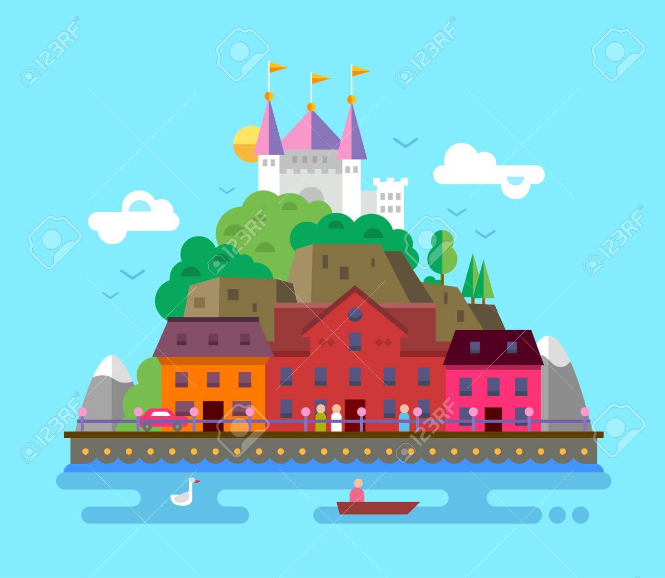 建物と夏ヨーロッパの美しい風景のベクトル フラット デザイン イラスト のイラスト素材 ベクタ Image 建物と夏ヨーロッパの美しい風景のベクトル フラット デザイン イラスト のイラスト素材 ベクタ Image