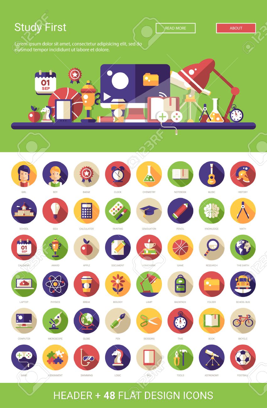 Header with vector modern flat design school, college icons and infographics elements set for your website illustration - 46675212 Header with vector modern flat design school, college icons and infographics elements set for your website illustration - 46675212