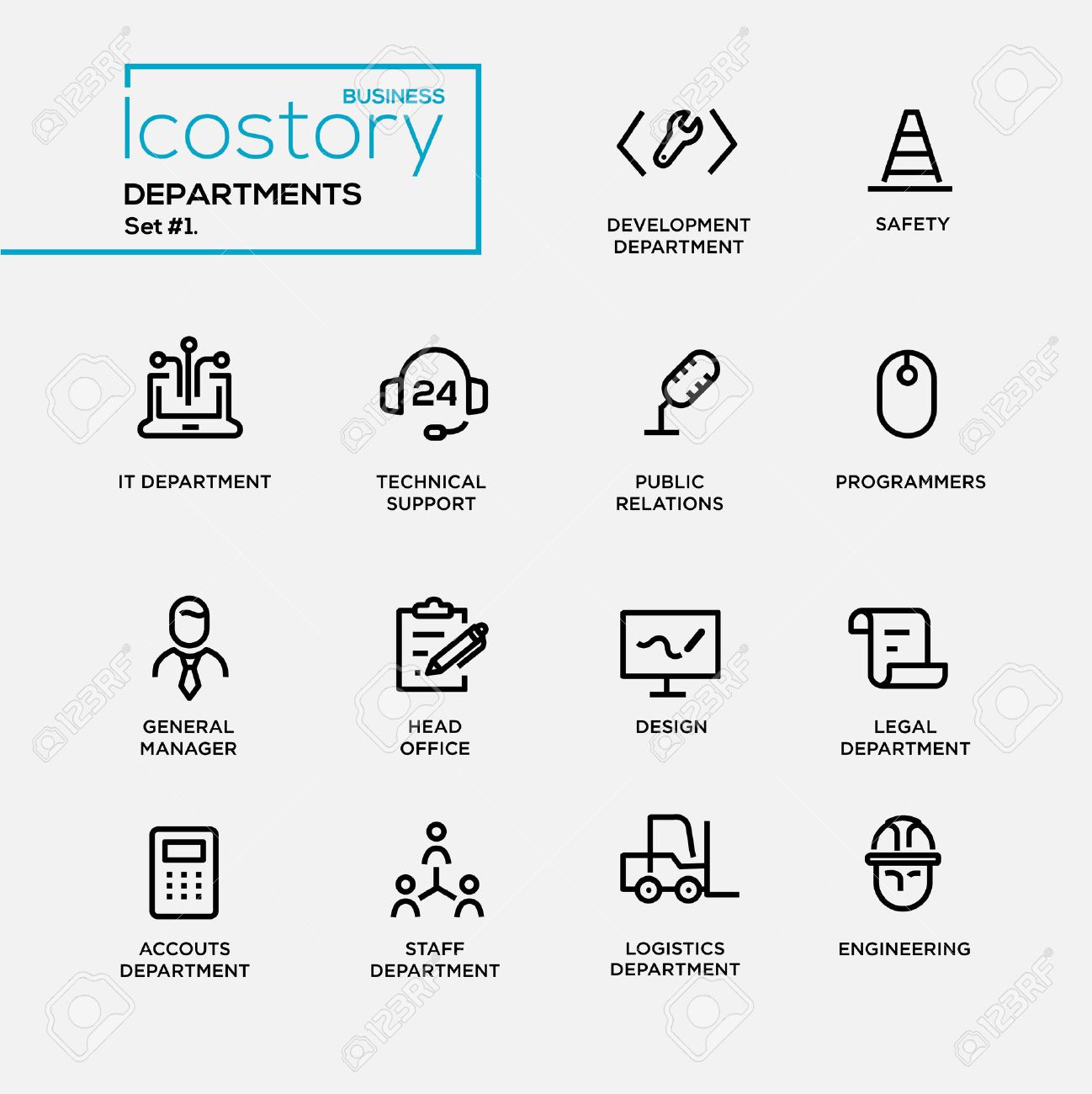 Set of modern vector office departments thin line flat design icons and pictograms. - 53688096 Set of modern vector office departments thin line flat design icons and pictograms. - 53688096