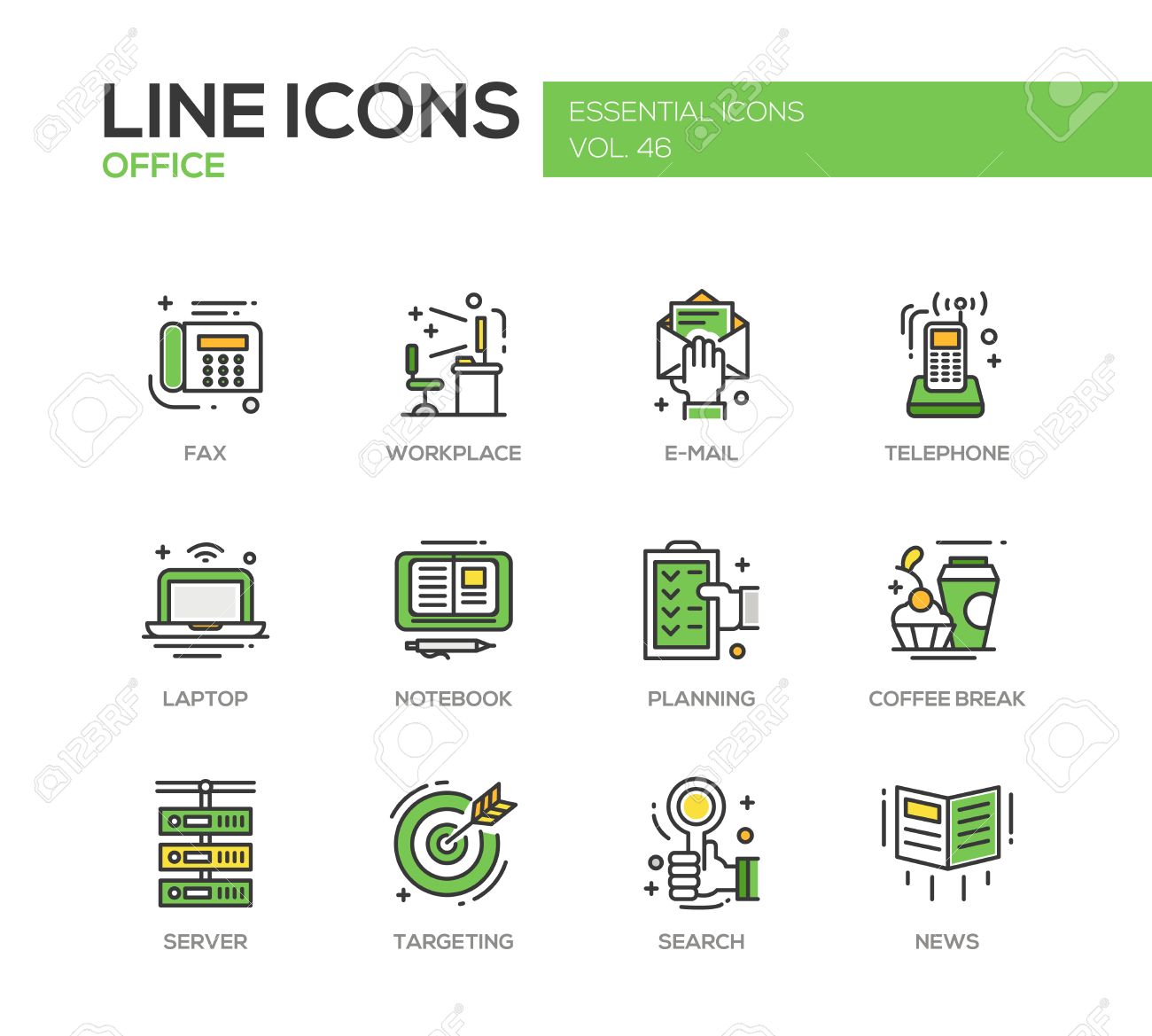set of modern vector office line design icons and pictograms fax from laptop