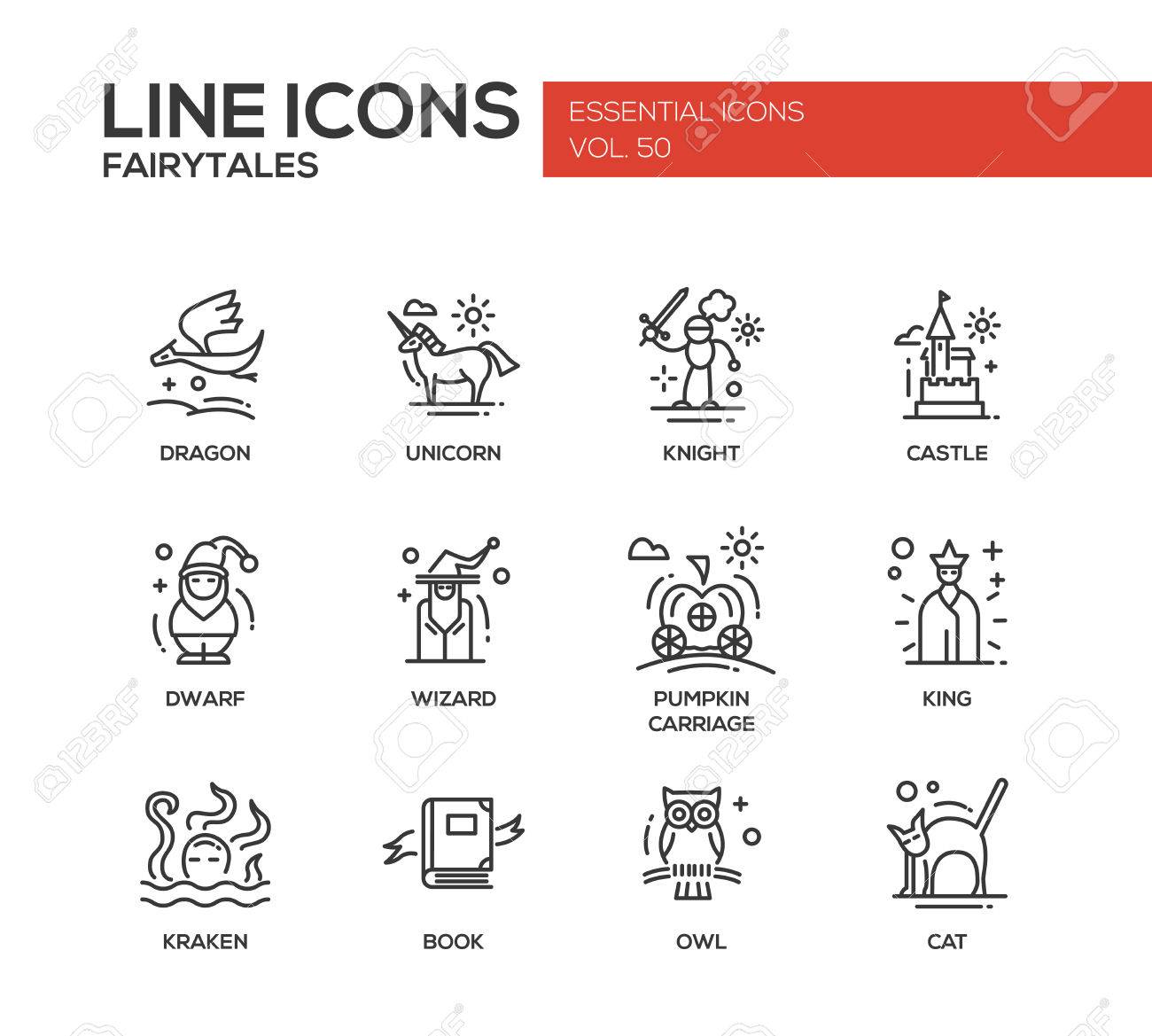 おとぎ話 - 現代ベクトル プレーン ライン デザイン アイコンと絵文字の設定。ドラゴン、ユニコーン、騎士、城、ドワーフ、ウィザード、カボチャの馬車、王、クラーケン本フクロウ猫のイラスト素材・ベクター  Image 61115478