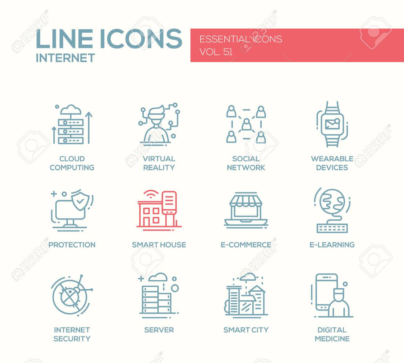 인터넷 - 현대 벡터의 집합 일반 라인 디자인 아이콘 및 픽토그램. 클라우드 컴퓨팅, 가상 현실, 소셜 네트워크, 웨어러블 기기,  보호, 스마트 하우스, 전자 상거래, 전자 학습, 보안, 디지털 의학 로열티 무료 사진,