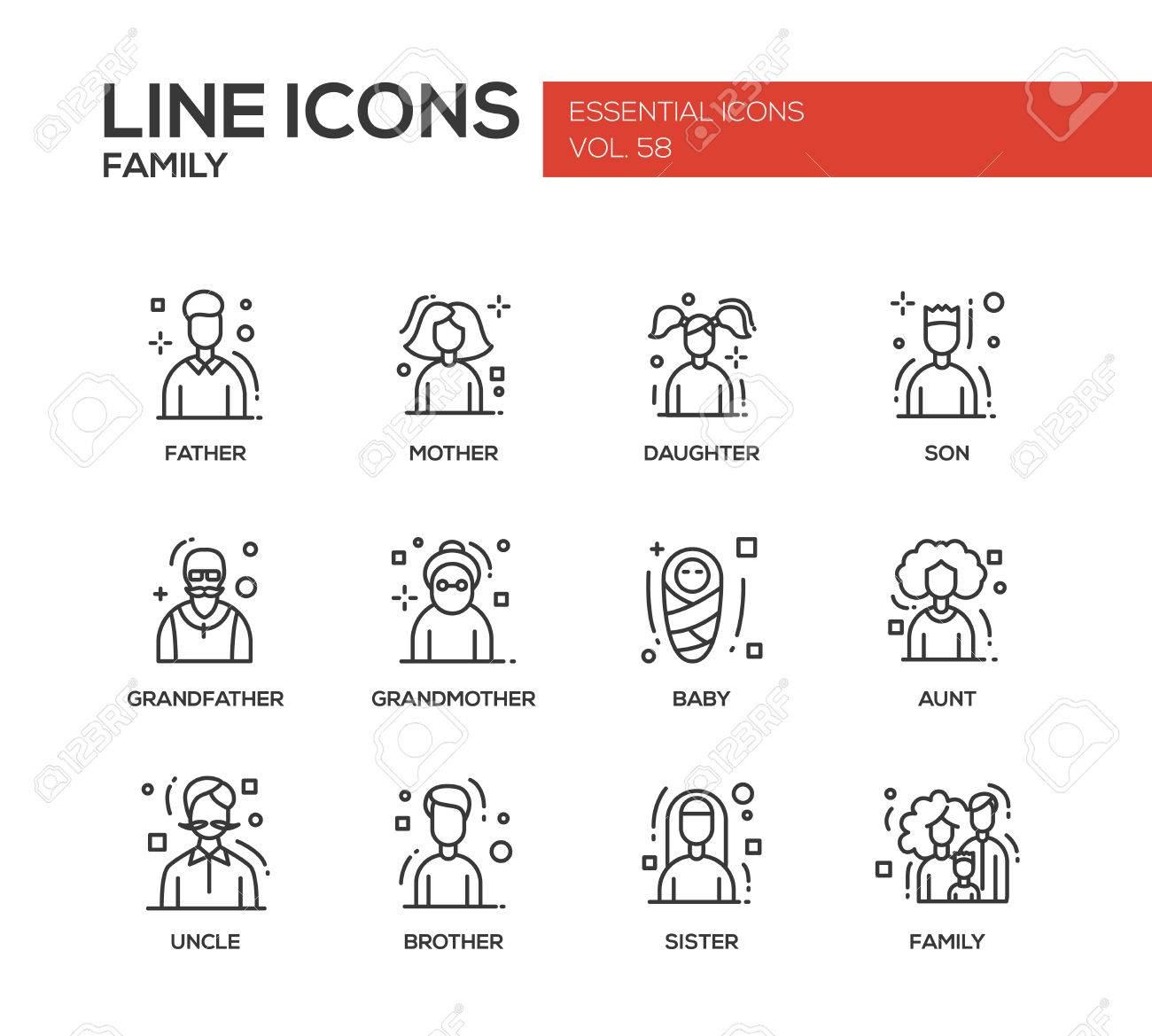 ファミリー 現代ベクトル普通の線のデザイン アイコンと絵文字を設定します 父 母 妹 弟 娘 息子 祖母祖父赤ちゃんおばさんおじさん のイラスト素材 ベクタ Image
