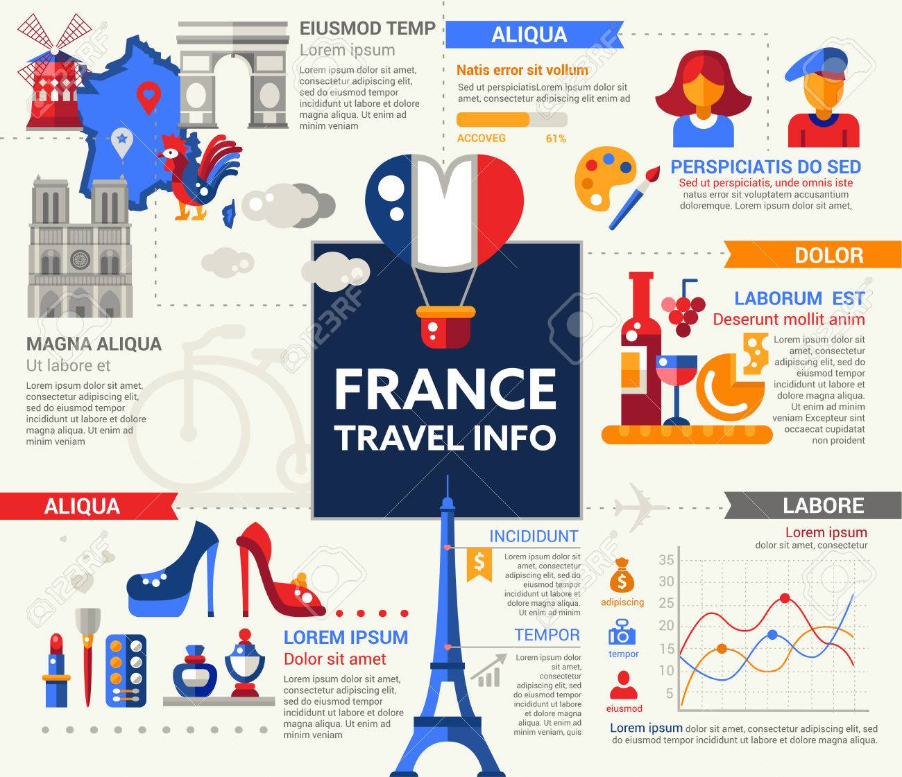 旅行フランス 情報ポスター パンフレット カバー テンプレート レイアウトがフランスの国民記号 その他の要素とフィラー テキストのフラットなデザイン アイコン のイラスト素材 ベクタ Image