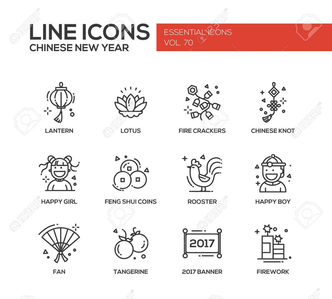 中国の旧正月 現代ベクトル ライン デザイン アイコンと絵文字の設定 ランタン ロータス 爆竹 中国結び 幸せな女の子 男の子 Feng Shui コイン オンドリ ファン タンジェリン バナー 花火のイラスト素材 ベクタ Image