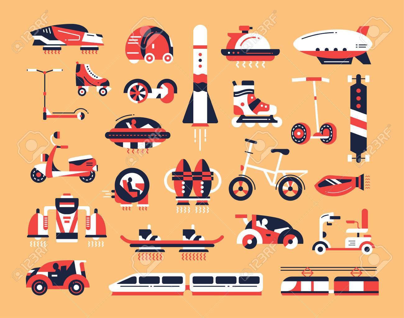 Means of transport - set of modern vector flat design icons and pictograms. Road, air, futuristic, etro, rocket, train, vehicle, electric car, skateboard, hoverboard scooter bicycle airship - 66760597 Means of transport - set of modern vector flat design icons and pictograms. Road, air, futuristic, etro, rocket, train, vehicle, electric car, skateboard, hoverboard scooter bicycle airship - 66760597