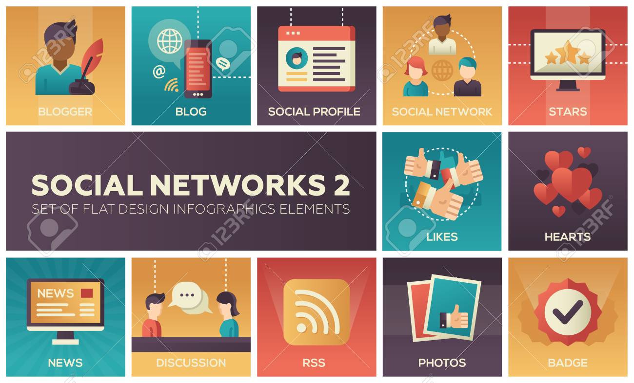 Redes Sociais Moderno Conjunto De Elementos De Infograficos Design Plano Imagens Quadradas Coloridas De Blogger Blog Perfil Estrelas Gostos Coracoes Noticias Discussao Rss Fotos Distintivo Ilustraciones Vectoriales Clip Art Vectorizado Libre