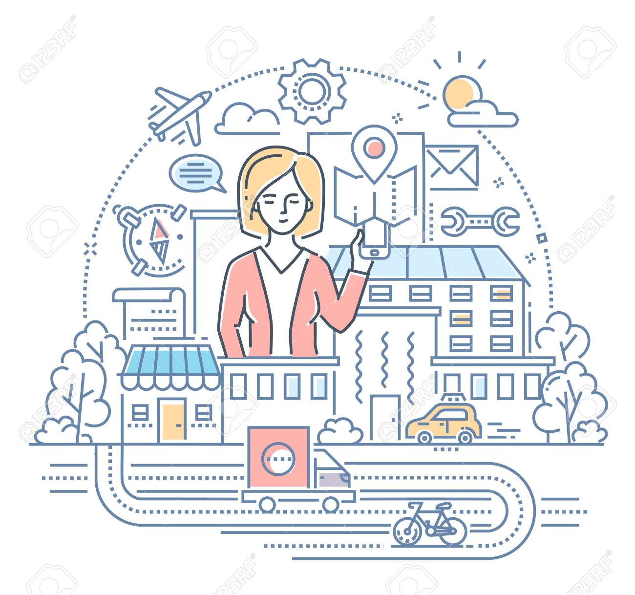 問題 タスク 日常に囲まれたかわいい女性のキャラクター のイラスト素材 ベクタ Image